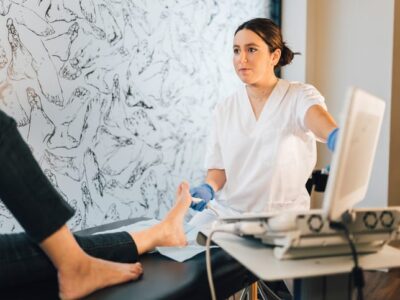 Podiatrist discussing with a patient regarding how to treat bunions
