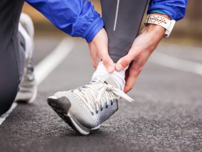 Traithlon guide - a runner checking his ankles before participating in a triathlon