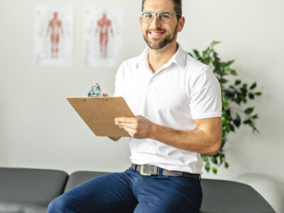 Male physio sitting on a bench