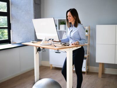 Workplace posture and ergonomics - female using standing desk for her posture