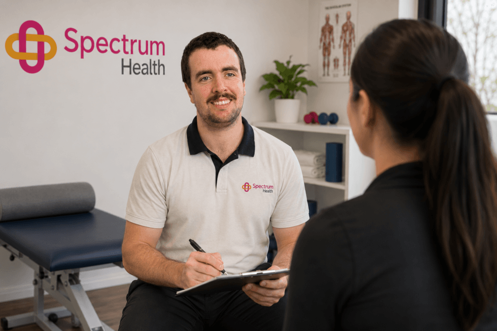 Seamus Grogan, physiotherapist speaking with a patient in Spectrum Health Rathmines Clinic.