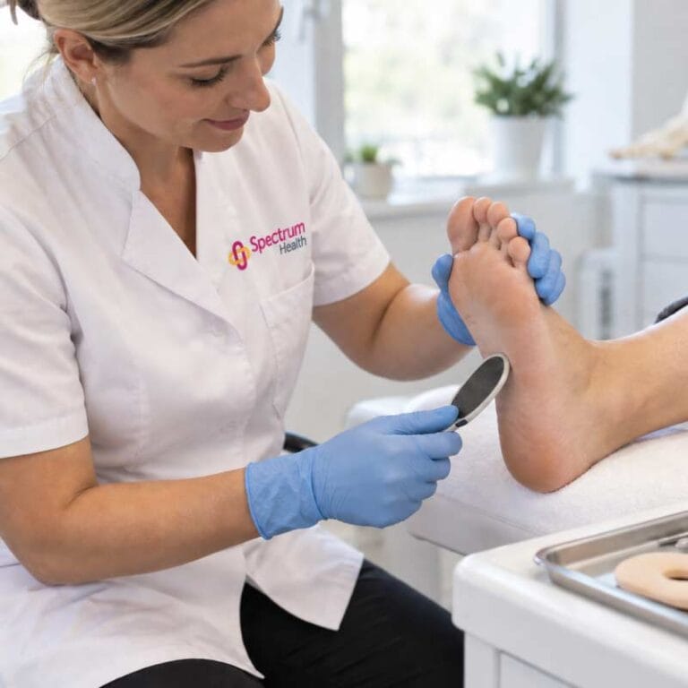 Podiatrist treating a patient’s foot at Spectrum Health